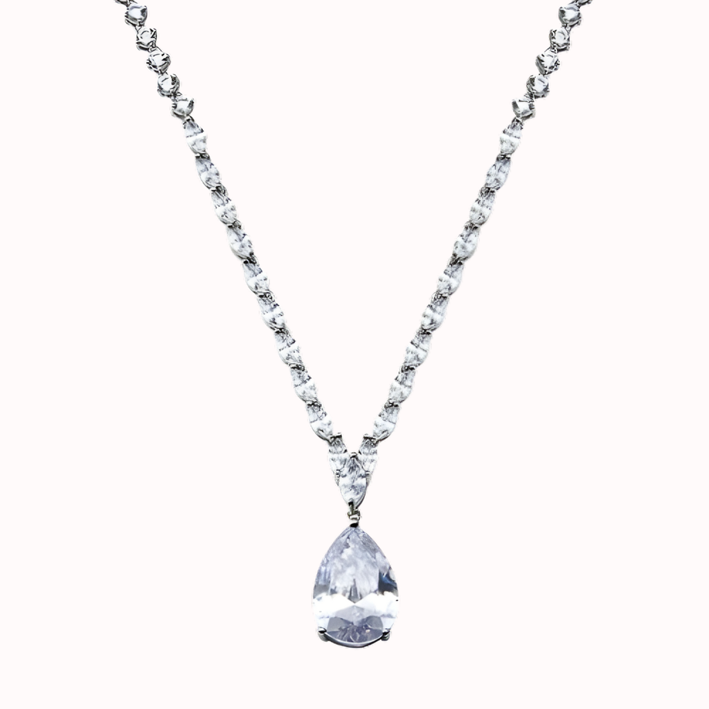 Rhodium-Plated 925 Sterling Silver Tennis Necklace with Baguette Center CZ