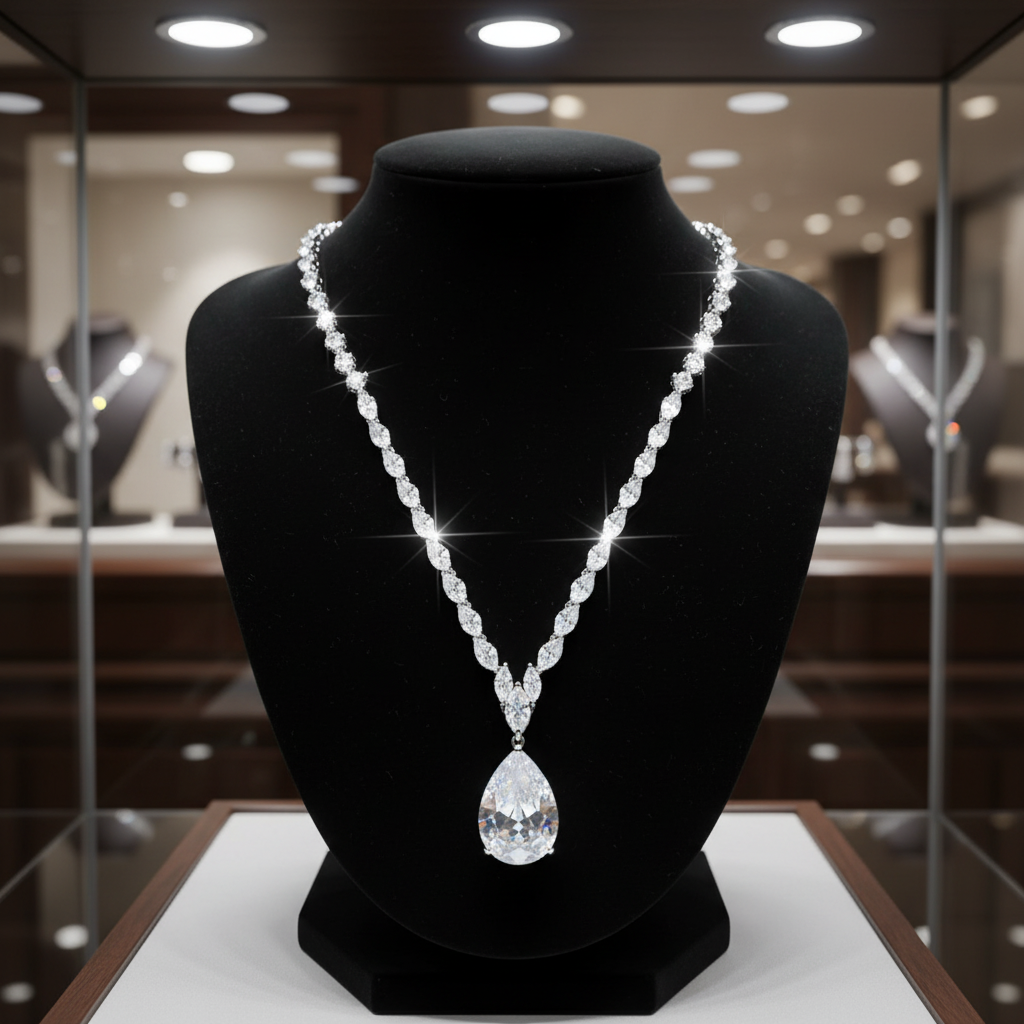 Rhodium-Plated 925 Sterling Silver Tennis Necklace with Baguette Center CZ