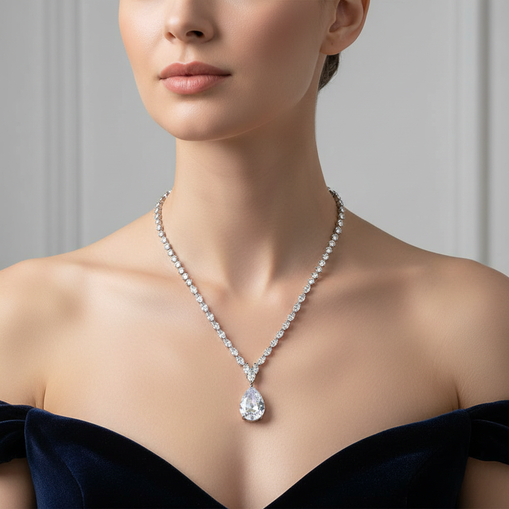 Rhodium-Plated 925 Sterling Silver Tennis Necklace with Baguette Center CZ