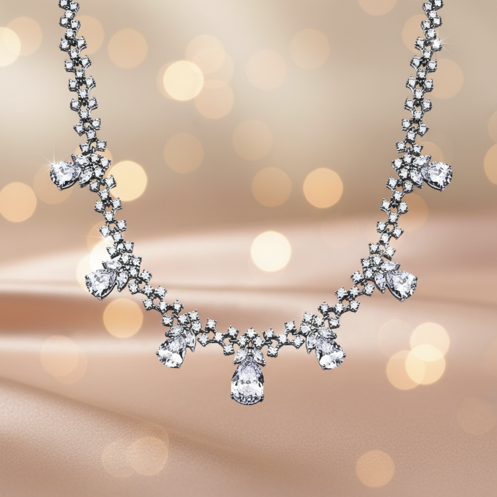 Rhodium Plated 925 Sterling Silver Multi Teardrop Clear CZ Tennis Necklace